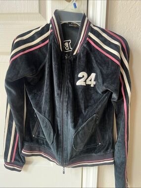 BCBG Black Velour Varsity Jacket with Pink & Cream Stripes